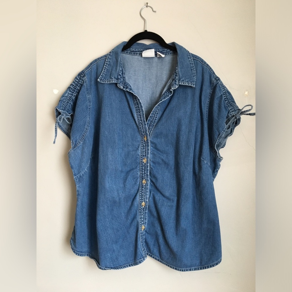 Vintage 90s Plus Size 24 Carolina Blues Denim Button-Up Tie Shoulder Cinched Top